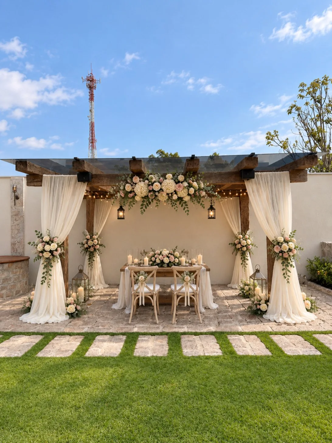 Mesa de casamento decorada no pergolado do Maison Pierre